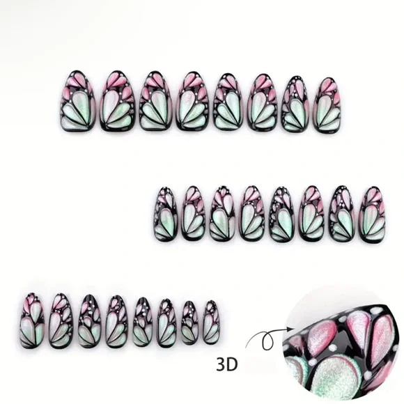 Butterfly Wing Press On Nail 3D Art, 24 pc Medium Sz, Short Almond Reusable NWT - Picture 7 of 11